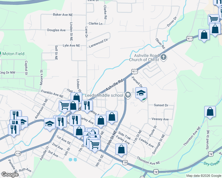 map of restaurants, bars, coffee shops, grocery stores, and more near 1183 Ashville Road Northeast in Leeds