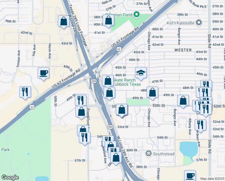 map of restaurants, bars, coffee shops, grocery stores, and more near 5799 48th Street in Lubbock
