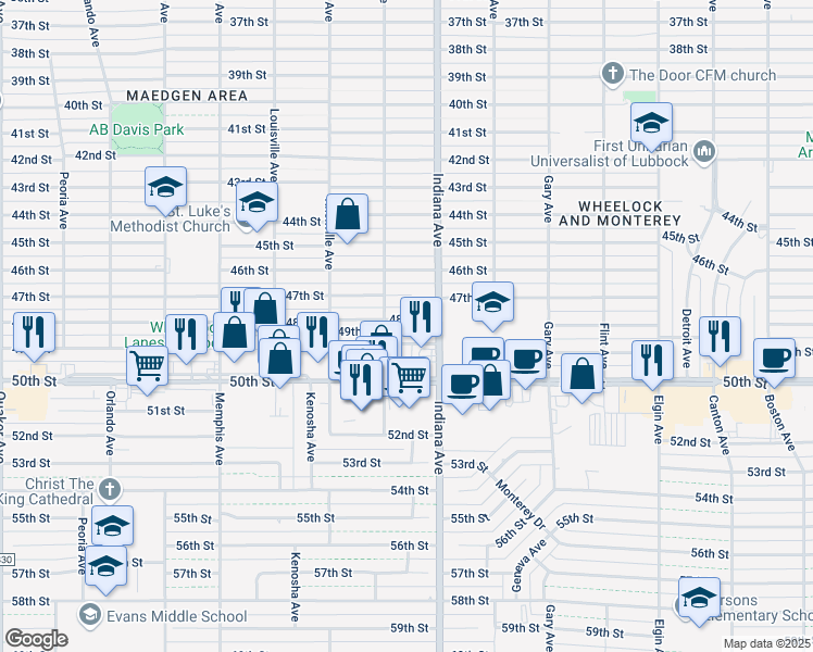 map of restaurants, bars, coffee shops, grocery stores, and more near 3411 48th Street in Lubbock