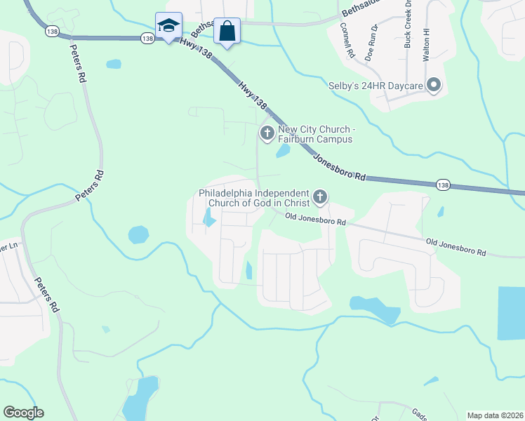map of restaurants, bars, coffee shops, grocery stores, and more near 600 Superior Way in Fairburn