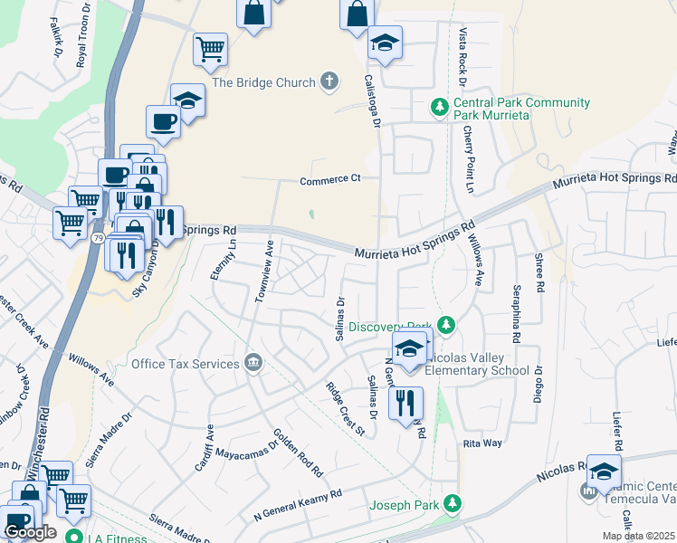 map of restaurants, bars, coffee shops, grocery stores, and more near 39257 Corte Santalina in Murrieta