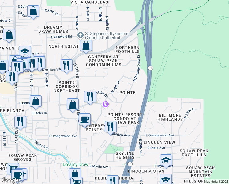 map of restaurants, bars, coffee shops, grocery stores, and more near 1809 East Desert Park Lane in Phoenix