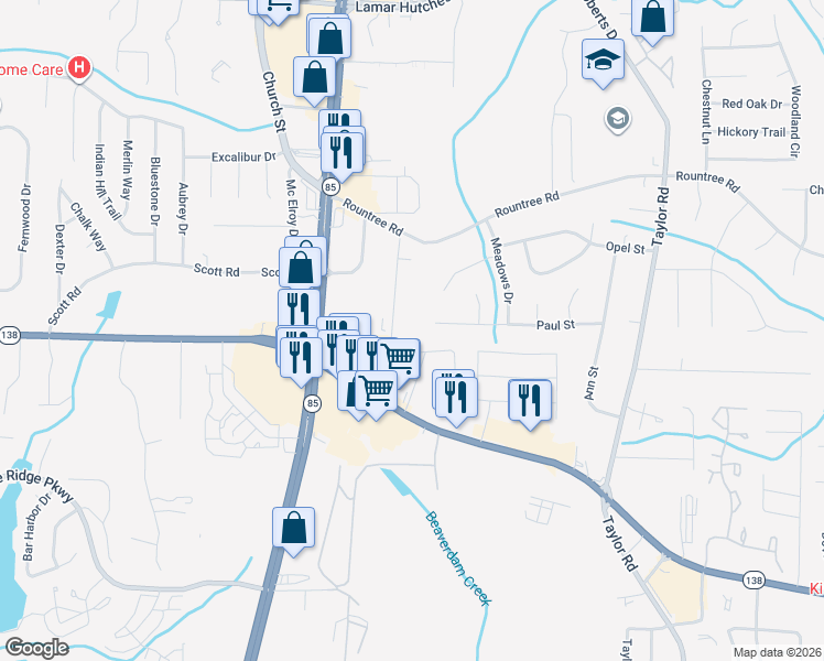 map of restaurants, bars, coffee shops, grocery stores, and more near 7488 Pine Road in Riverdale
