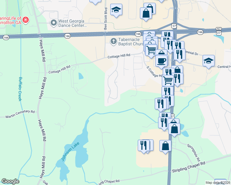 map of restaurants, bars, coffee shops, grocery stores, and more near 127 Manor Way in Carrollton