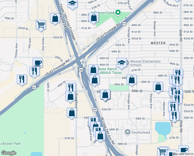 map of restaurants, bars, coffee shops, grocery stores, and more near 4717 Texas 289 Loop Frontage Road in Lubbock