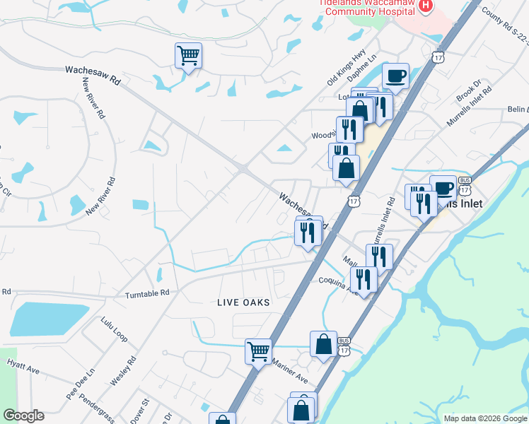 map of restaurants, bars, coffee shops, grocery stores, and more near 835 Wachesaw Road in Murrells Inlet