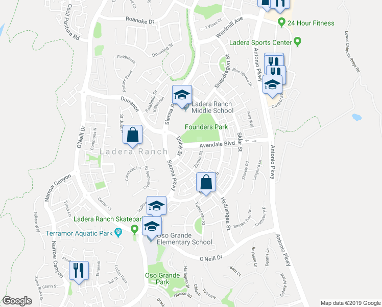 map of restaurants, bars, coffee shops, grocery stores, and more near 9 Whitworth Street in Ladera Ranch