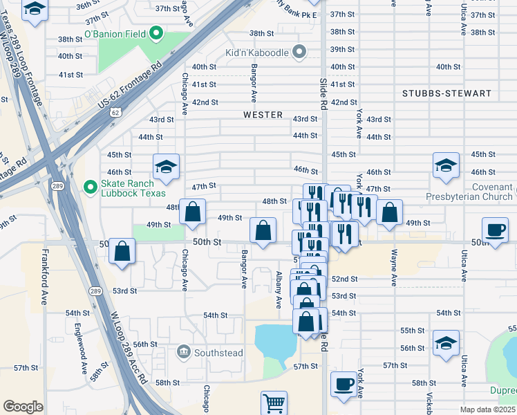 map of restaurants, bars, coffee shops, grocery stores, and more near 5319 48th Street in Lubbock