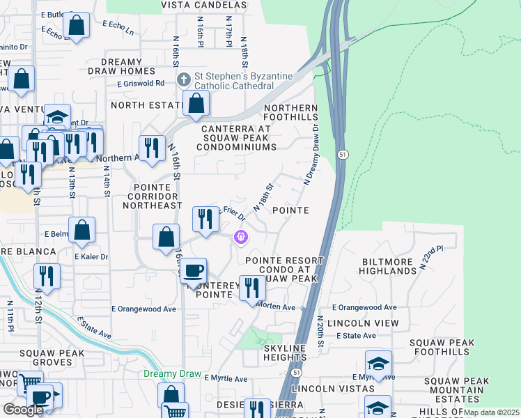 map of restaurants, bars, coffee shops, grocery stores, and more near 1809 East Desert Park Lane in Phoenix