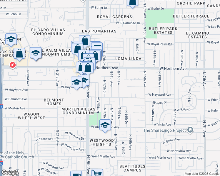 map of restaurants, bars, coffee shops, grocery stores, and more near 7732 North 17th Avenue in Phoenix