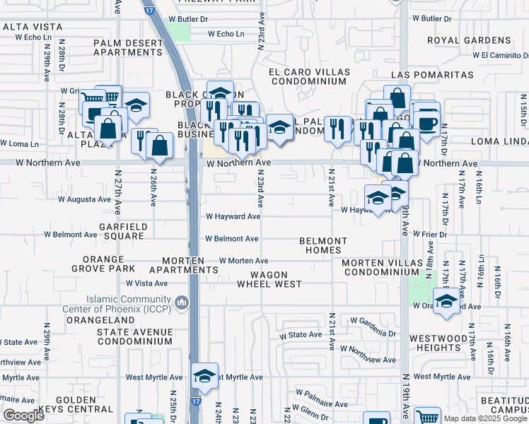 map of restaurants, bars, coffee shops, grocery stores, and more near 7734 North 23rd Avenue in Phoenix