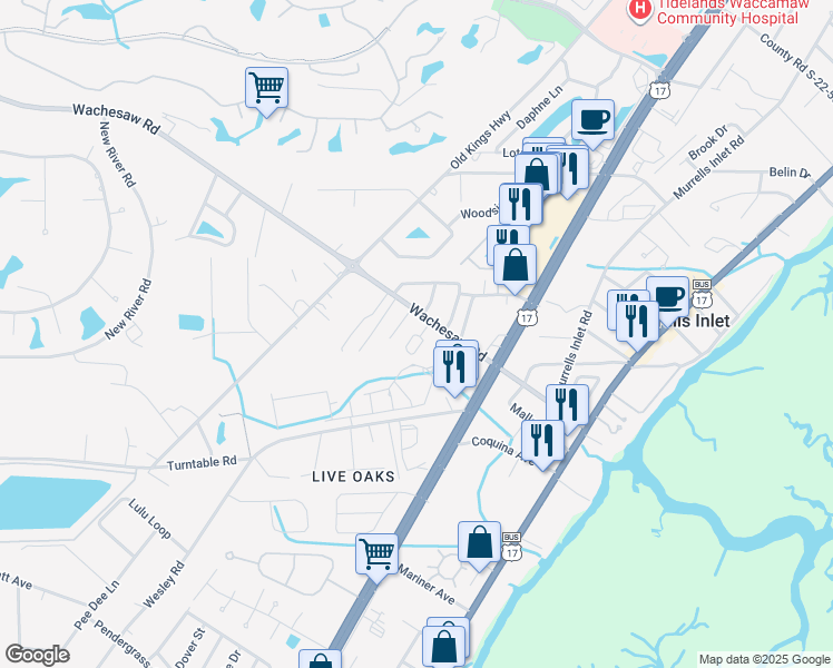 map of restaurants, bars, coffee shops, grocery stores, and more near 4626 Lomax Court in Murrells Inlet