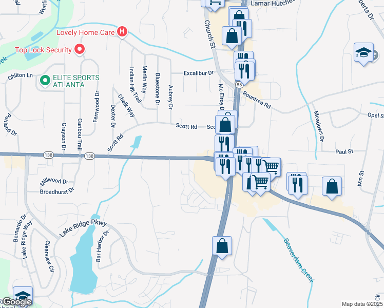 map of restaurants, bars, coffee shops, grocery stores, and more near 855 Highway 138 Southwest in Riverdale