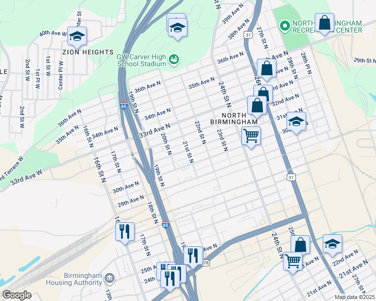 map of restaurants, bars, coffee shops, grocery stores, and more near 2025 31st Avenue North in Birmingham