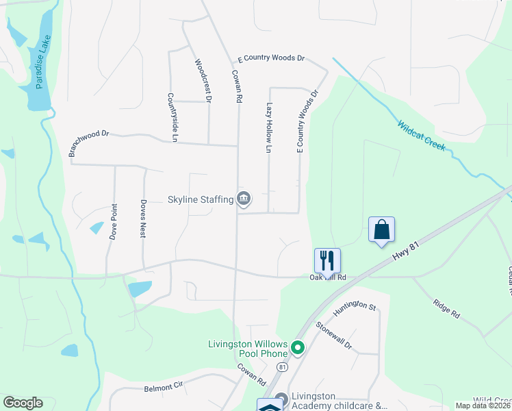 map of restaurants, bars, coffee shops, grocery stores, and more near 35 East Country Woods Drive in Covington