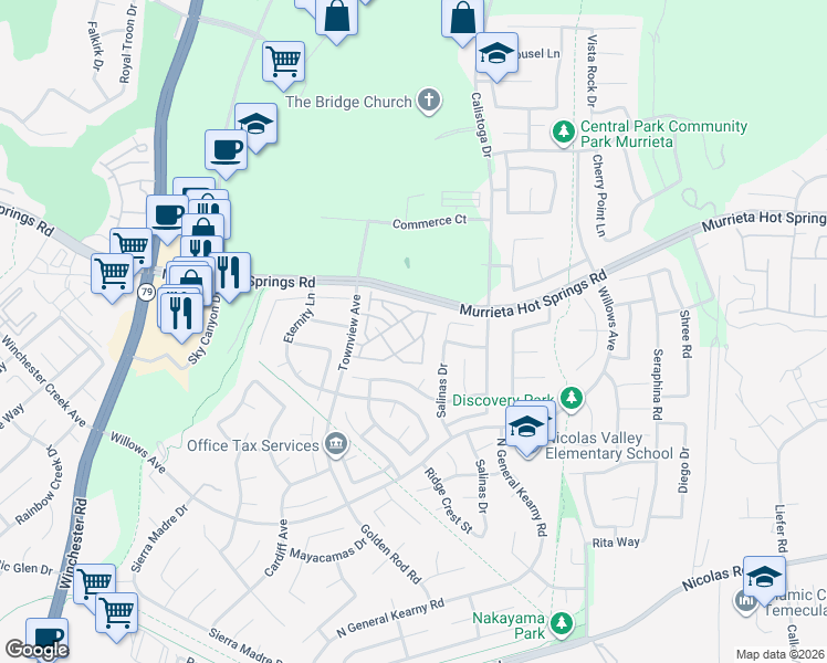 map of restaurants, bars, coffee shops, grocery stores, and more near 39266 Turtle Bay Lane in Murrieta