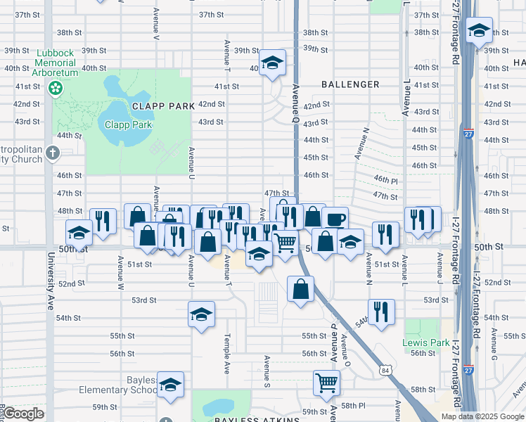 map of restaurants, bars, coffee shops, grocery stores, and more near 4800 Avenue S in Lubbock