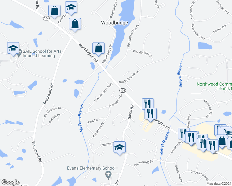 map of restaurants, bars, coffee shops, grocery stores, and more near 4655 Wellington Court in Evans