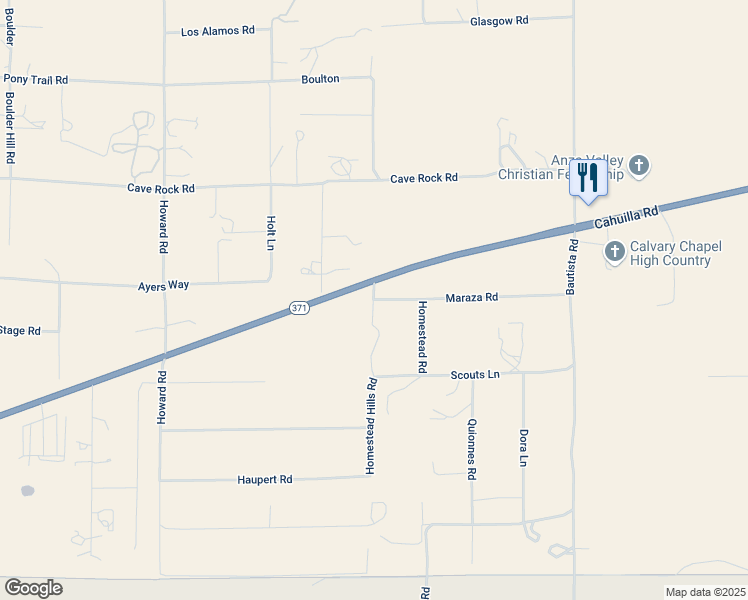 map of restaurants, bars, coffee shops, grocery stores, and more near 45755 Maraza Road in Anza