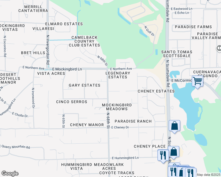 map of restaurants, bars, coffee shops, grocery stores, and more near 6808 East Bronco Drive in Paradise Valley