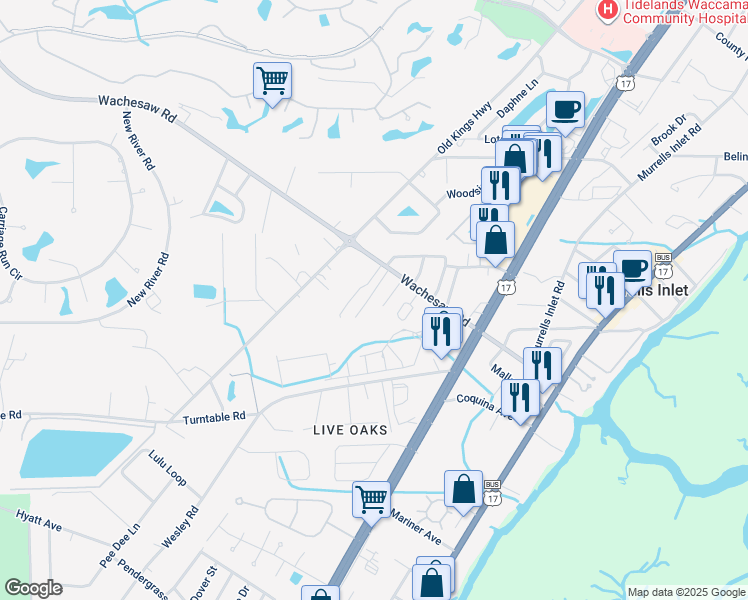 map of restaurants, bars, coffee shops, grocery stores, and more near 835 Wachesaw Road in Murrells Inlet