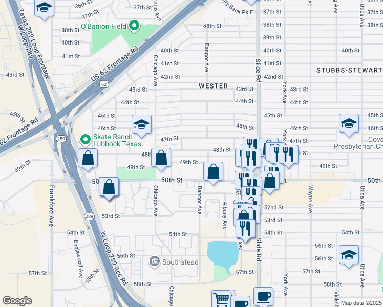 map of restaurants, bars, coffee shops, grocery stores, and more near 5413 48th Street in Lubbock