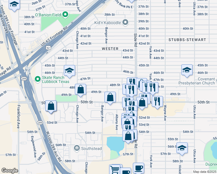 map of restaurants, bars, coffee shops, grocery stores, and more near 5319 48th Street in Lubbock