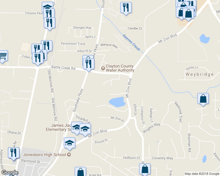 map of restaurants, bars, coffee shops, grocery stores, and more near 7431 Battlecreek Lane in Jonesboro