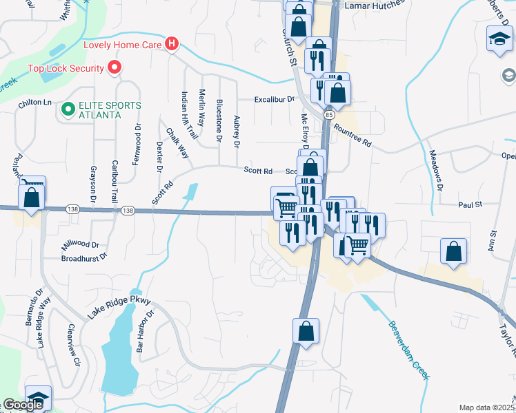 map of restaurants, bars, coffee shops, grocery stores, and more near 855 Hwy 138 SW in Riverdale