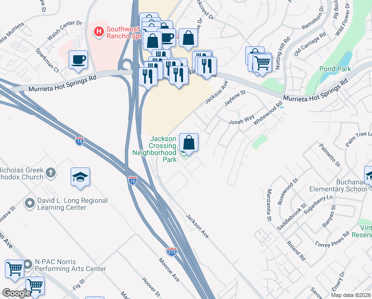 map of restaurants, bars, coffee shops, grocery stores, and more near 25943 Marco Polo Street in Murrieta