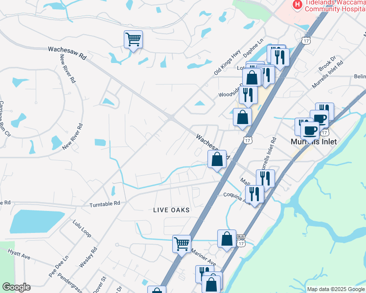map of restaurants, bars, coffee shops, grocery stores, and more near 835 Wachesaw Rd in Murrells Inlet
