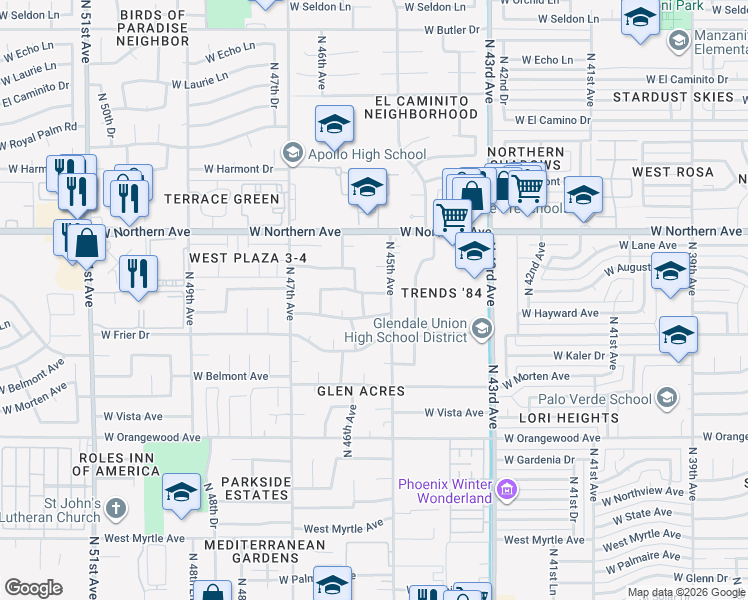 map of restaurants, bars, coffee shops, grocery stores, and more near 4513 West Hayward Avenue in Glendale