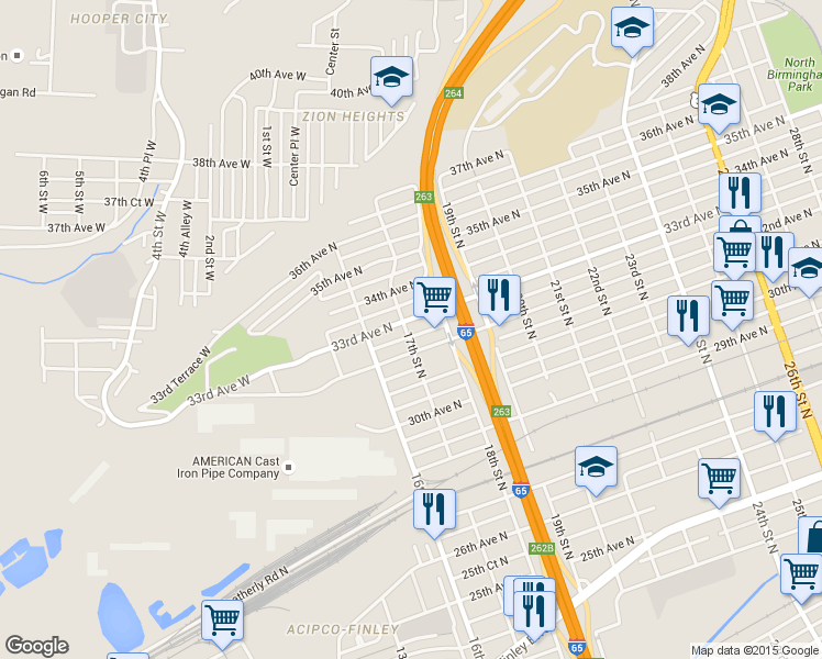 map of restaurants, bars, coffee shops, grocery stores, and more near 1701 33rd Avenue North in Birmingham