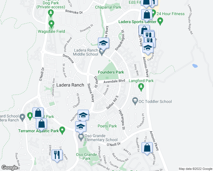 map of restaurants, bars, coffee shops, grocery stores, and more near 26 Whitworth in Ladera Ranch