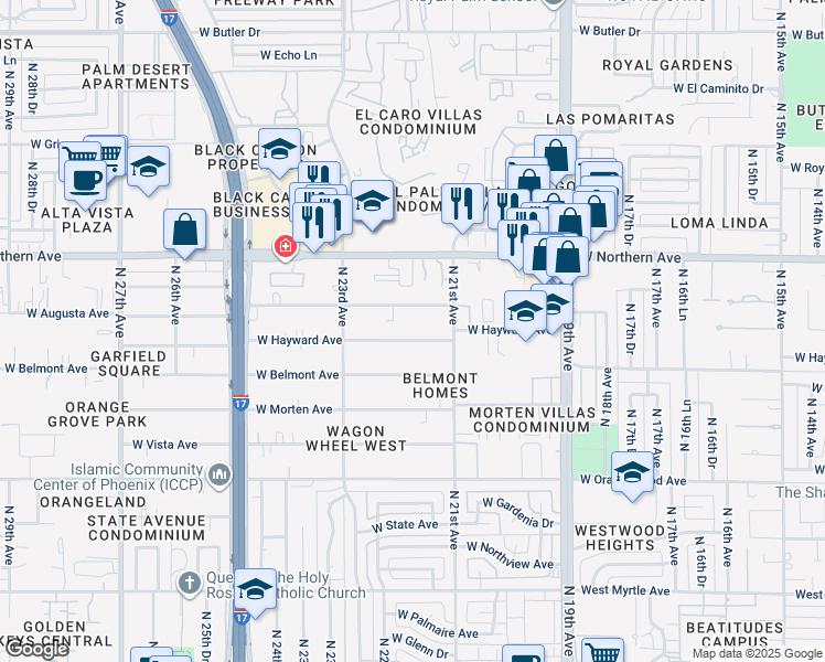 map of restaurants, bars, coffee shops, grocery stores, and more near 2142 West Hayward Avenue in Phoenix
