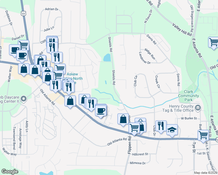map of restaurants, bars, coffee shops, grocery stores, and more near 191 Shields Road in Stockbridge