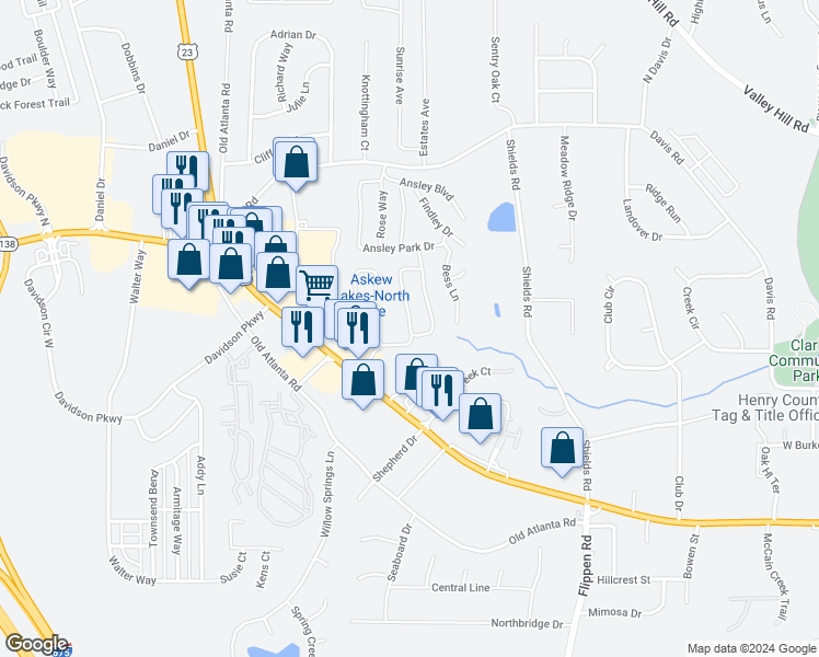 map of restaurants, bars, coffee shops, grocery stores, and more near 43 Lillian Circle in Stockbridge