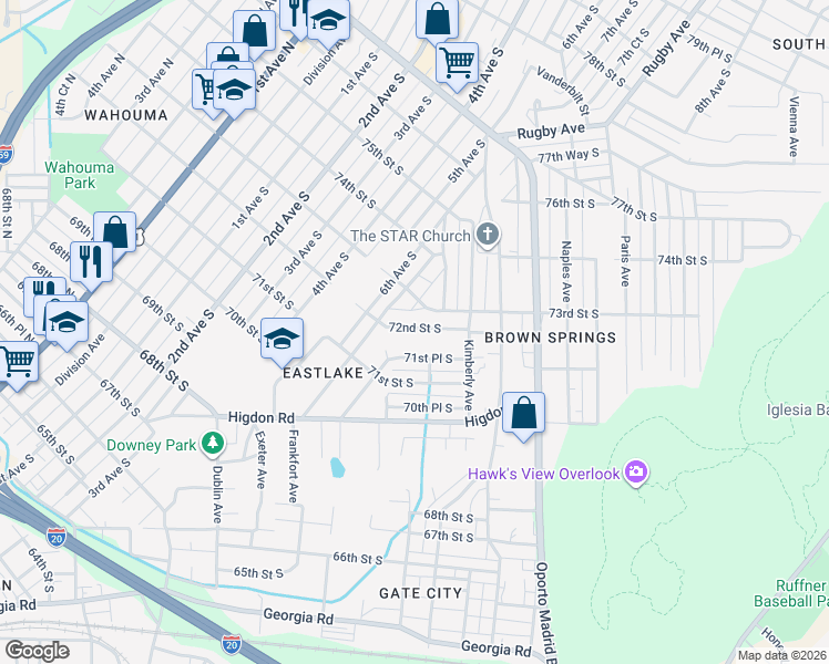map of restaurants, bars, coffee shops, grocery stores, and more near 632 72nd Street South in Birmingham