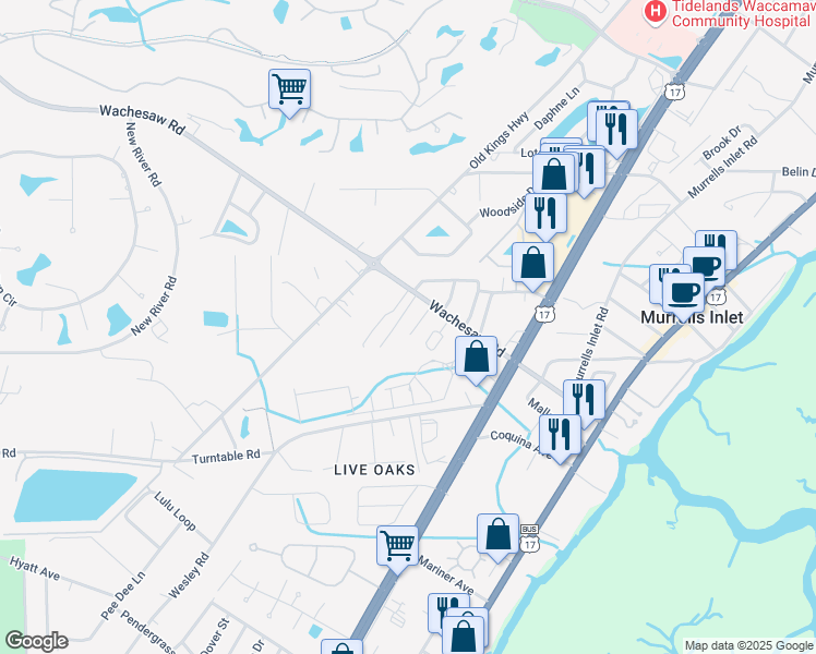 map of restaurants, bars, coffee shops, grocery stores, and more near 835 Wachesaw Road in Murrells Inlet