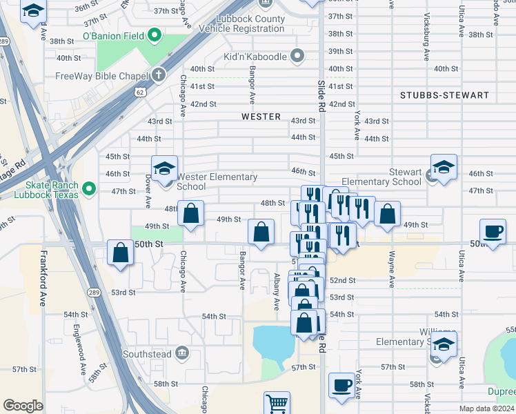 map of restaurants, bars, coffee shops, grocery stores, and more near 5319 48th Street in Lubbock
