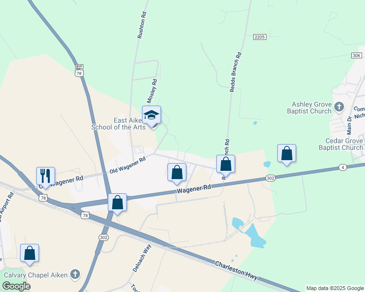 map of restaurants, bars, coffee shops, grocery stores, and more near 129 Lain Street in Aiken