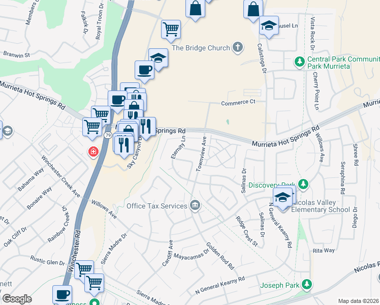 map of restaurants, bars, coffee shops, grocery stores, and more near 30163 Destiny Drive in Murrieta