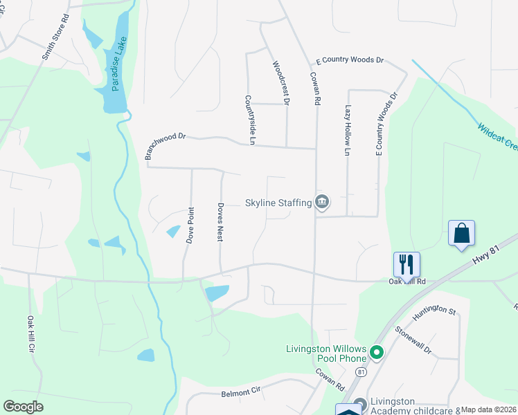 map of restaurants, bars, coffee shops, grocery stores, and more near 65 Allen Oaks Way in Covington
