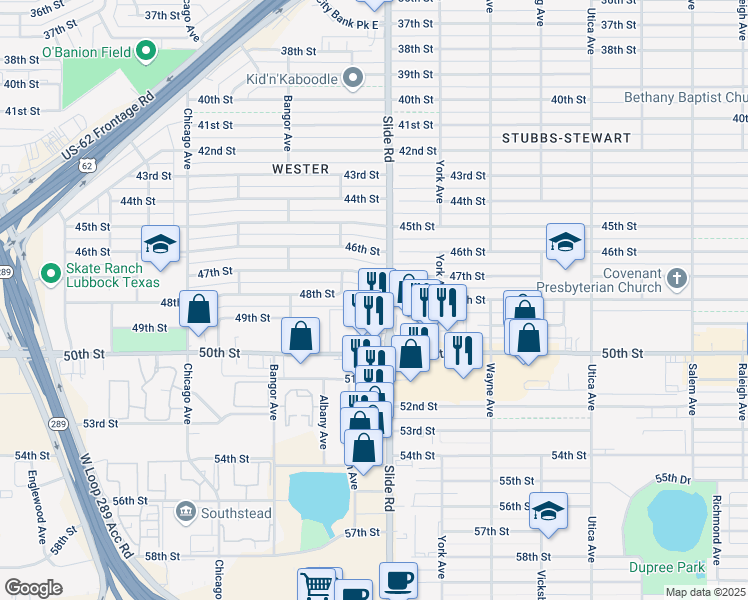 map of restaurants, bars, coffee shops, grocery stores, and more near 4710 Slide Road in Lubbock