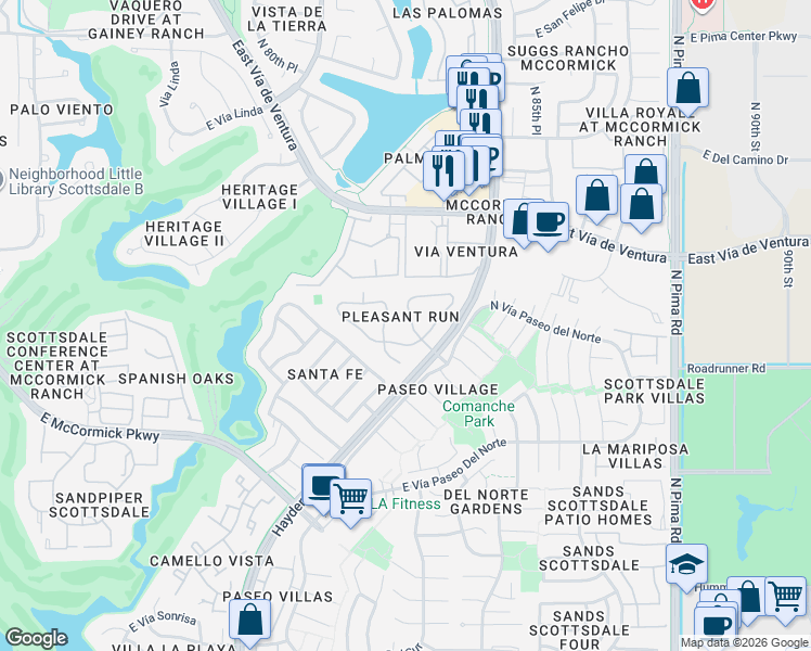 map of restaurants, bars, coffee shops, grocery stores, and more near 7749 East Pleasant Run in Scottsdale