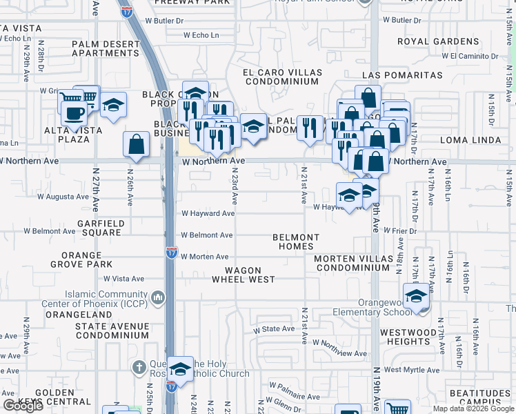 map of restaurants, bars, coffee shops, grocery stores, and more near 2230 West Hayward Avenue in Phoenix