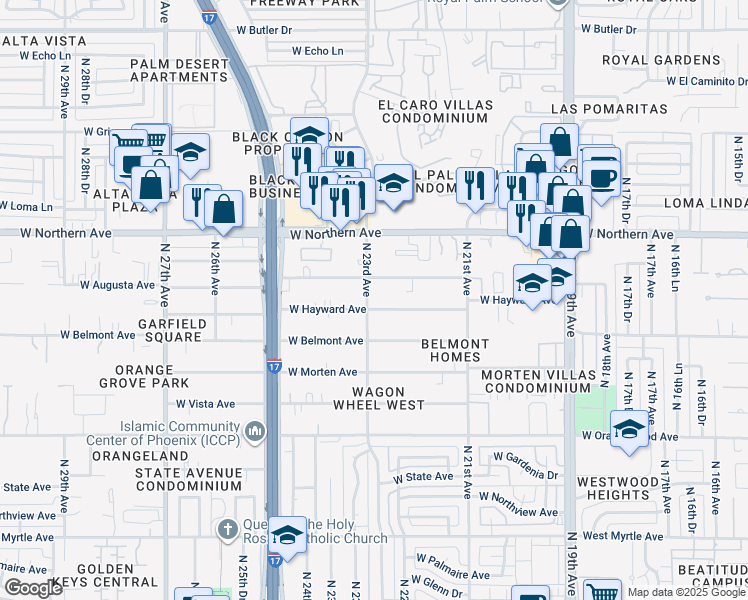map of restaurants, bars, coffee shops, grocery stores, and more near 7734 North 23rd Avenue in Phoenix
