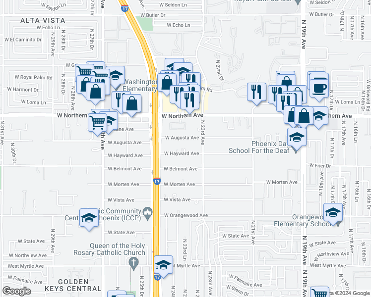 map of restaurants, bars, coffee shops, grocery stores, and more near 2342 West Hayward Avenue in Phoenix
