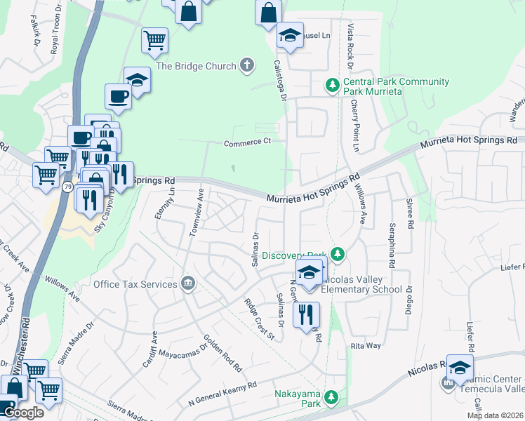map of restaurants, bars, coffee shops, grocery stores, and more near 30409 Corte Santalina in Murrieta