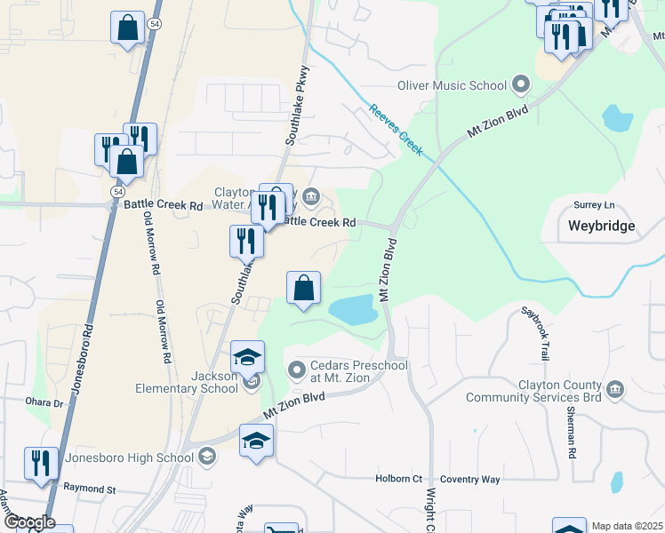 map of restaurants, bars, coffee shops, grocery stores, and more near 7431 Battlecreek Lane in Jonesboro